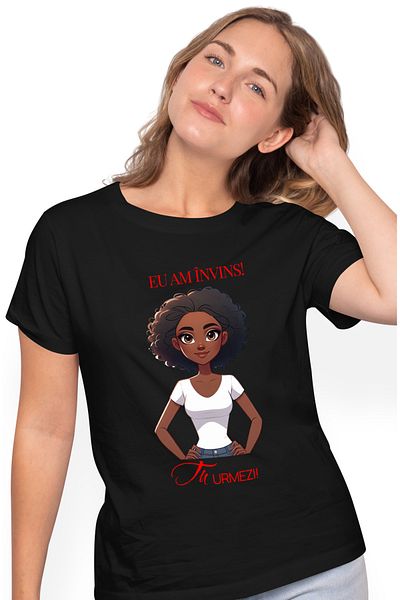StoryGift Romania Tricou Femei Mesaj Motivational Fata Afro Eu Am Invins Tu Urmezi Cu Imprimeu Pe Blk_l