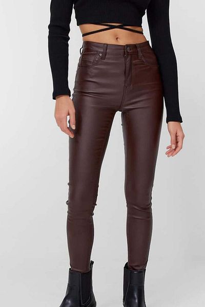 FashionForYou Dallas High Waisted Eco-leather Pants With Push-up, Bordeaux, Xl