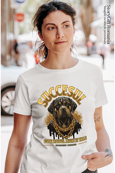 StoryGift Romania Tricou Femei Caine gangster cu lant de aur, succes cu imprimeu pe Fata, 100% Bum WHT_L