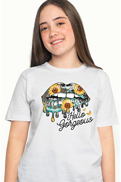 StoryGift Romania Tricou Femei Cu Mesajul "hello, Gorgeous", Ilustratie, Buna, Superba, Buze, Flor Wht_l