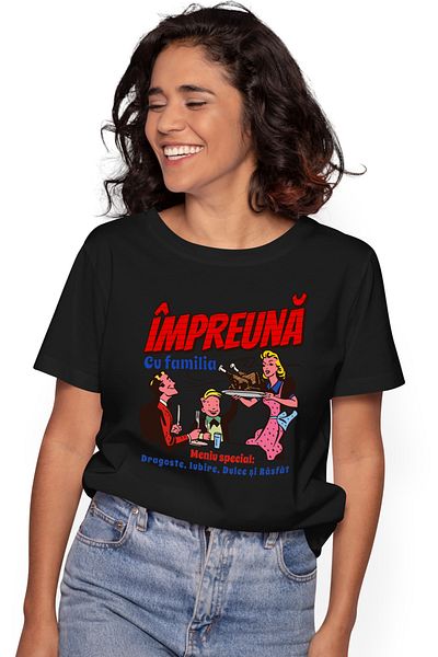 StoryGift Romania Tricou Femei Impreuna Cu Familia, Meniu Special Dragoste Cu Imprimeu Pe Fata, 1 Blk_l