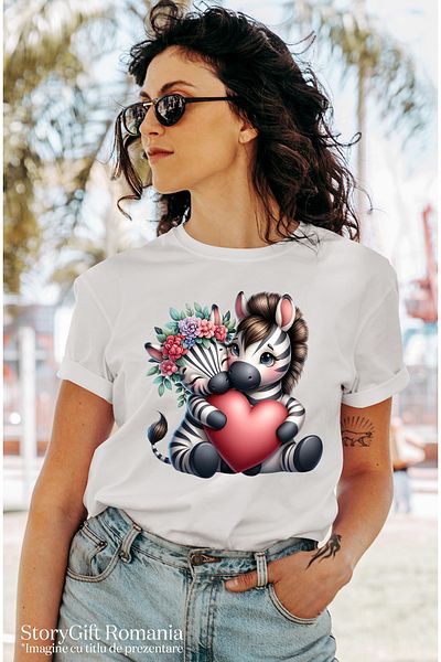 StoryGift Romania Women's T-shirt with 2 zebras hugging and holding a heart, illustration, crowned WHT_L,STG57113