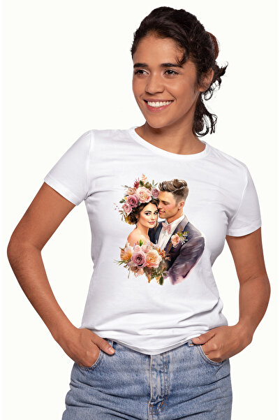 StoryGift Romania Tricou Femei Cu O Femeie Si Un Barbat La Nunta, Ilustratie, Casatorie, Flori, Mi Wht_l