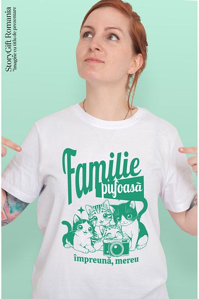 StoryGift Romania Tricou Femei Familie Pufoasa Impreuna Mereu Animale Pisici Cu Imprimeu Pe Fata, Wht_m