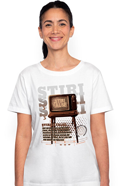 StoryGift Romania Tricou Femei Televizor Vintige Stiri False Digitalizare Cu Imprimeu Pe Fata, 100 Wht_m