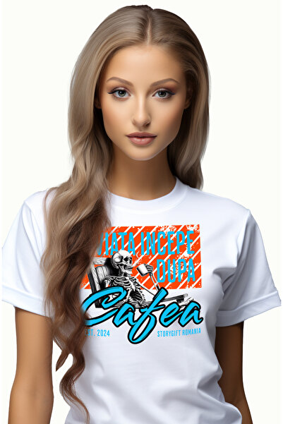 StoryGift Romania Tricou Femei Viata Incepe Dupa Cafea, Cu Imprimeu Pe Fata, ...