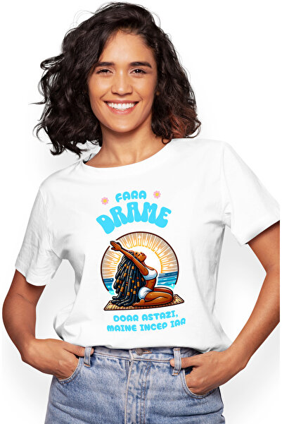 StoryGift Romania Tricou Femei Fata Facand Yoga Pe Plaja Text Haios Fara Dram...