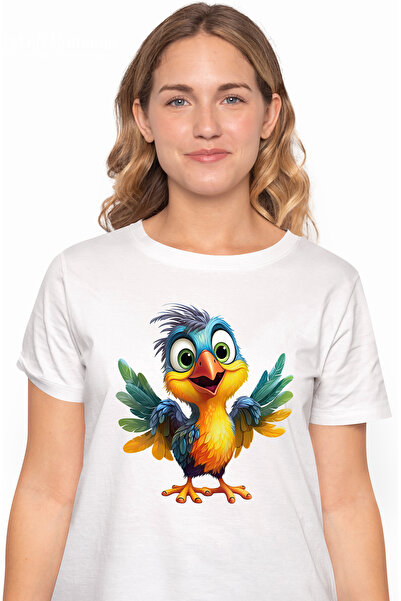 StoryGift Romania Tricou Femei Cu O Pasare Vesela, Ilustratie, Pene Divers Colorate, Jucausa, Pent Wht_m