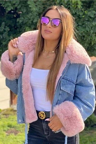 FashionForYou Andra Blue Denim Jacket, With Pink Fur, S/m