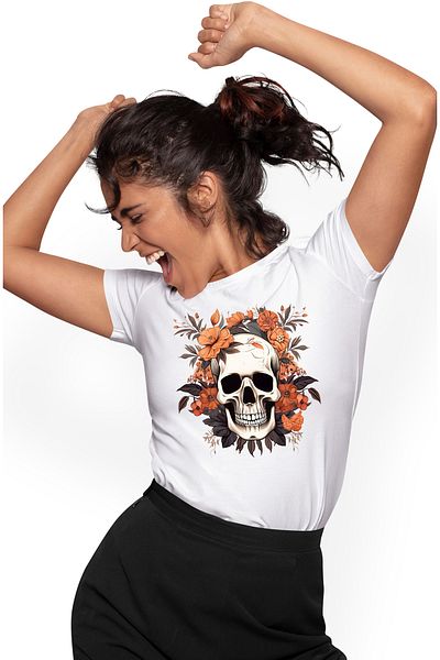 StoryGift Romania Women's T-shirt with a skull, illustration, orange flowers, plants, abstract, nature WHT_L,STG51563