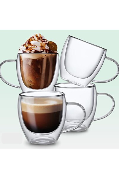MİS KİTCHEN 4' Double Glass 250 ml Mug Cup Double Wall Cup - Borosilicate Gla...