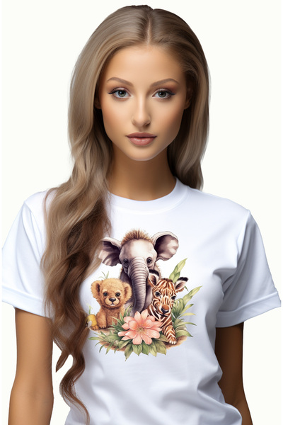StoryGift Romania Tricou Femei Cu Mai Multe Animalute Salbatice, Ilustratie, In Natura, Jungla, Fl Wht_l