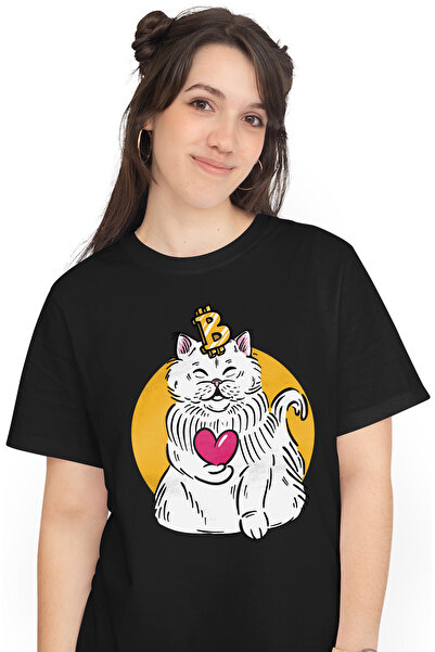 StoryGift Romania Tricou Femei Cu Pisica Alba Coroana Bitcoin, Tinand In Labuta O Inma Rosie, Mone Blk_m