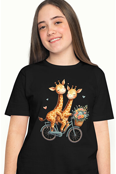 StoryGift Romania Tricou Femei Cu 2 Girafe Care Se Plimba Cu Bicicleta, Ilustratie, Inimioare, Cos Blk_l