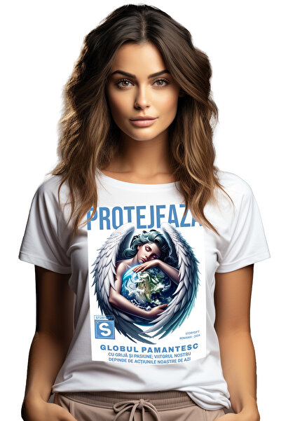 StoryGift Romania Tricou Femei Protejeaza Globul Pamantesc - Inger, Schimbare Climatica, Cu Impri Wht_l
