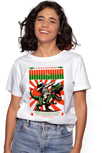 StoryGift Romania Tricou Femei Astronaut Pe T-rex Dinozaur, Cu Imprimeu Pe Fa...