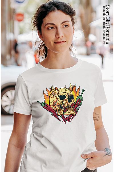 StoryGift Romania Tricou Femei Personalizata Red Hot Chilli Peppers, Foc, Demon, Craniu, Ardei Iut Wht_l