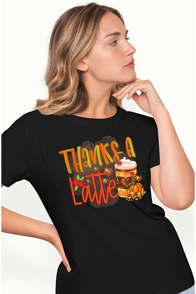 StoryGift Romania Tricou Femei Cu Mesajul "thanks A Latte", Toamna, Ilustratie, Dovleci, Cafea, Fr Blk_l