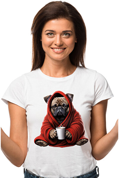 StoryGift Romania Tricou Femei Cu Un Catel Pug Care Poarta Un Capod Rosu, Ilu...