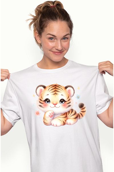 StoryGift Romania Women's T-shirt with a cheerful tiger cub standing idle, illustration, carefree, WHT_L,STG