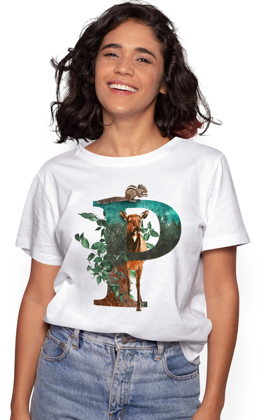 StoryGift Romania Tricou Femei Cu Litera, P, Veverita, Caprioara, Frunze, Mul...