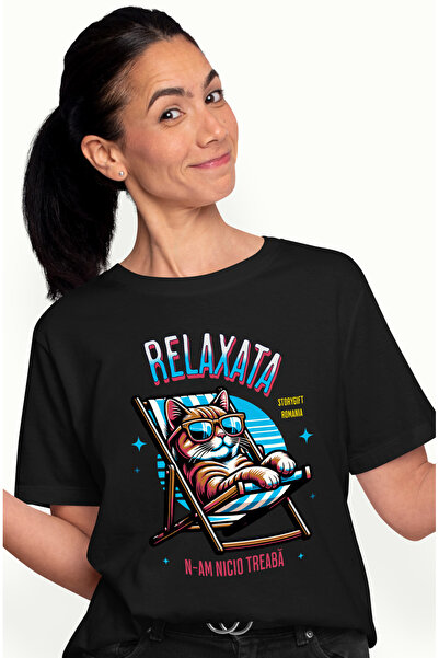 StoryGift Romania Tricou Femei Pisica Cu Ochelari De Soare Relaxata Pe Sezlon...