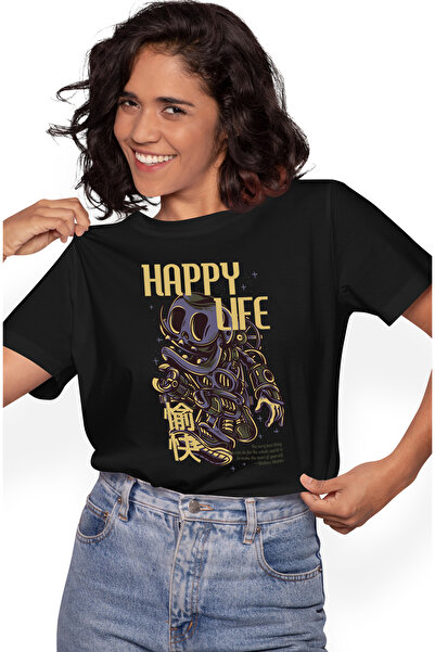 StoryGift Romania Tricou Femei Cu Robot Cu Chip Zambitor, Text Mov In Engleza Happy Life, Artwork, Blk_l