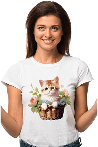 StoryGift Romania Tricou Femei Cu O Pisicuta Care Sta Intr-un Cosulet, Ilustr...