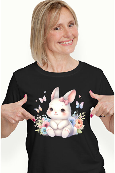 StoryGift Romania Tricou Femei Cu O Iepuroaica Vesela, Ilustratie, Fluturi, F...