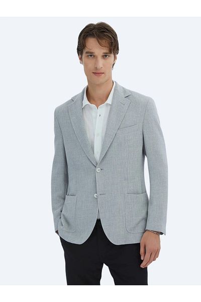 Kip Gray Comfort Fit Seersucker Fabric Bag Pocket Mono Collar 6 Drop Knitted Blazer Jacket