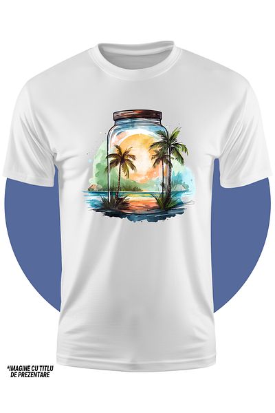 StoryGift Romania Tricou Copii Cu Un Borcan, Ilustratie, Plaja, Insula, Apa, Mare, Vacanta, Relaxare, Linist