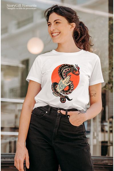 StoryGift Romania Tricou Femei Cu Sarpe, Cobra, Cerc, Mana, Tatuaje, Floare, Stele, Multicolor Cu Wht_l