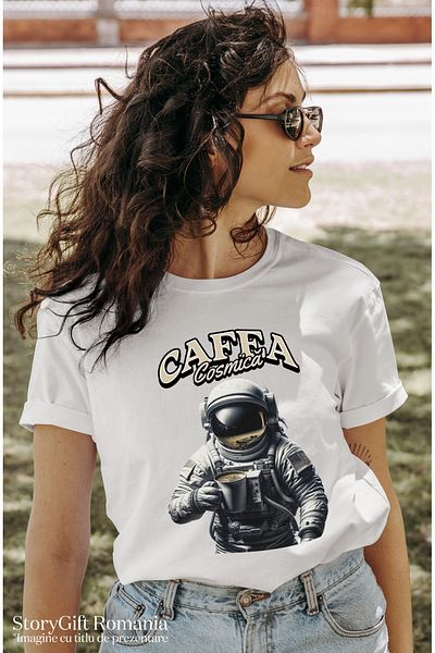 StoryGift Romania Tricou Femei Cafea Cosmica, Astronaut In Spatiu Cu Cana De Cafea Cu Imprimeu Pe Wht_l