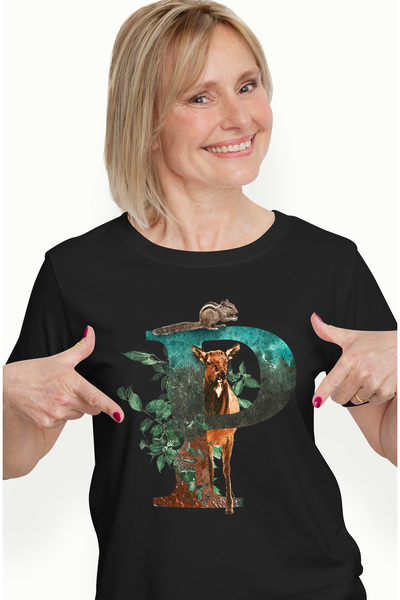 StoryGift Romania Tricou Femei Cu Litera, P, Veverita, Caprioara, Frunze, Mul...