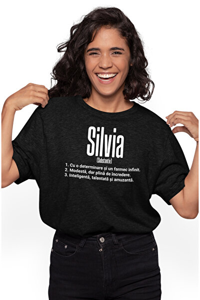 StoryGift Romania Tricou Femei Cu Numele Silvia, Si Mesaj Motivational, Determinare, Modesta, Inte Blk_l