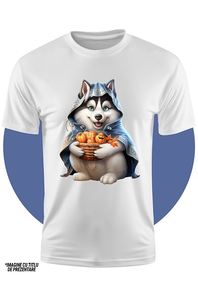 StoryGift Romania Tricou Copii Cu Un Caine Husky Care Tine Un Cos Cu Dovleci, Ilustratie, Halloween, Fericit