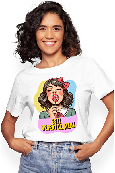 StoryGift Romania Tricou Femei Fata Cu Acadea, Funda Text Esti Desertul Meu Cu Imprimeu Pe Fata, 1 Wht_l