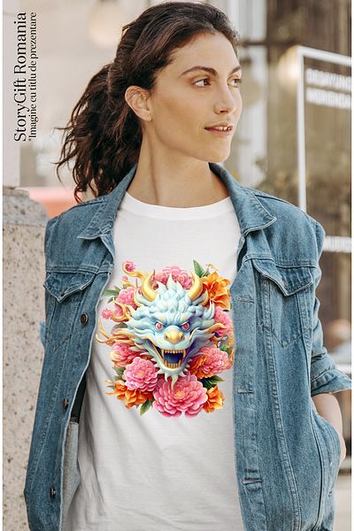StoryGift Romania Tricou Femei cu un dragon chinezesc, ilustratie, floricele, roz, an nou, China, WHT_L