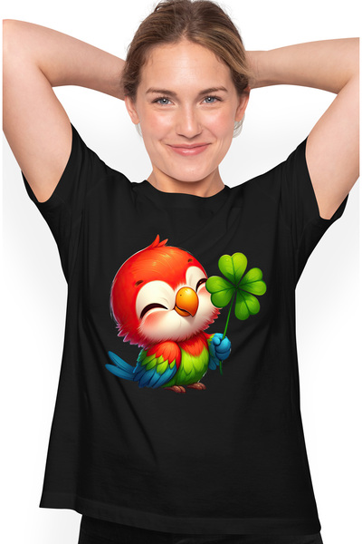 StoryGift Romania Tricou Femei Cu Un Papagal Vesel, Ilustratie, Noroc, Trifoi...