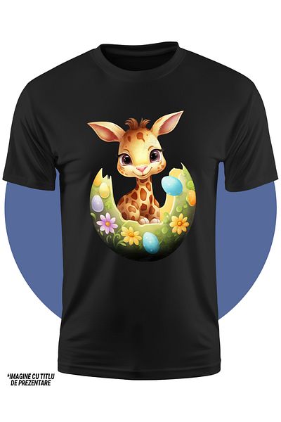 StoryGift Romania Tricou Copii Cu Un Pui De Girafa Care Iese Dintr-un Ou Spart, Ilustratie, Floricele, Oua V
