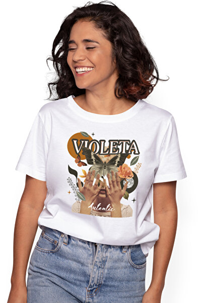 StoryGift Romania Tricou Femei Cu Numele Violeta, Colaj Fata, Fluture, Flori,...