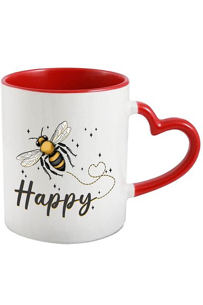 StoryGift Romania Cana Cu Albina In Zbor Cu Mesajul "happy", Fericire, Bucurie, Stelute, Insecta, , Cu Maner Inim Stg