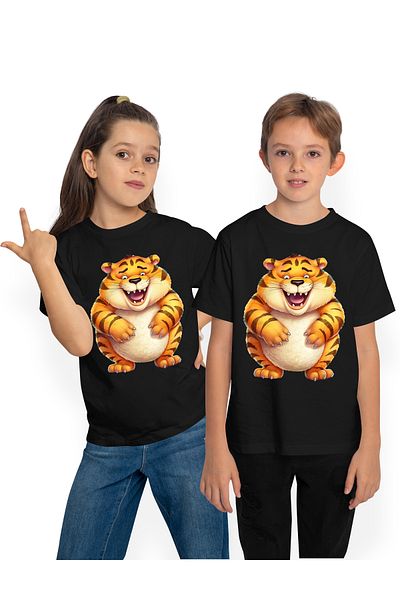 StoryGift Romania Tricou Copii Cu Un Tigru Gras Care Rade, Ilustratie, A Mancat Prea Mult, Animal Salbatic,