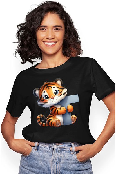 StoryGift Romania Women's T-shirt with a tiger with the letter "T", illustration, for children, school, student, BLK_L,STG53032