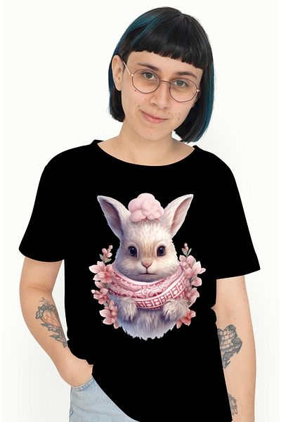 StoryGift Romania Tricou Femei Cu Un Iepuras Alb Cu Fular, Ilustratie, Frig, Floricele, Roz, Iarna Blk_l