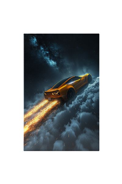StoryGift Romania Tablou Canvas The Powerful Yellow Car Urca Cu Viteza Pe Un Drum Ca Un Nor Pufos Cu Flacari In