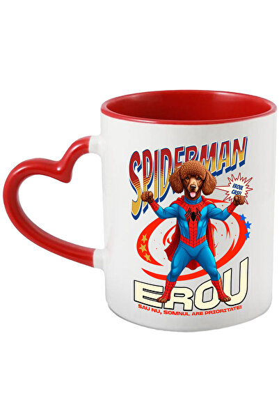 StoryGift Romania Cana Cu Pudel / Poodle Caine In Costum De Spiderman Cu Pelerina, Erou Nocturn, D, Cu Maner Inim Stg