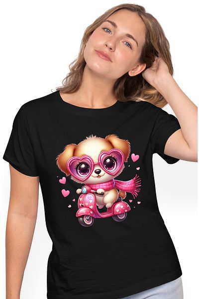 StoryGift Romania Tricou Femei Cu O Catelusa Care Se Plimba Cu Scuterul, Ilustratie, Viteza, Condu Blk_l