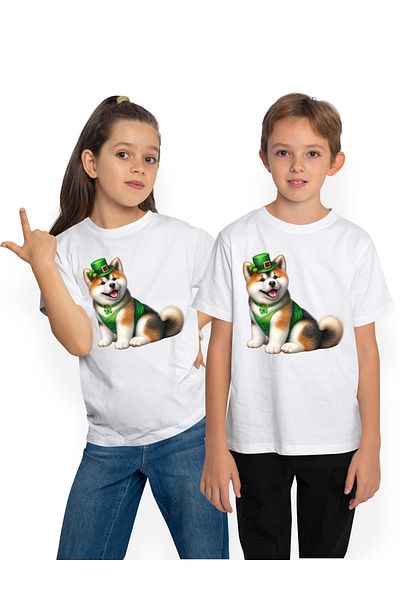 StoryGift Romania Tricou Copii Cu Un Catelus Akita Inu Care Are O Palarie Verde, Ilustratie, Sarbatoare, Sfa