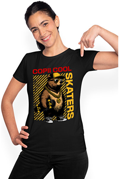 StoryGift Romania Tricou Femei Copii Cool - Ursul Skateboarder cu Lant si Sapca, cu imprimeu pe F BLK_S